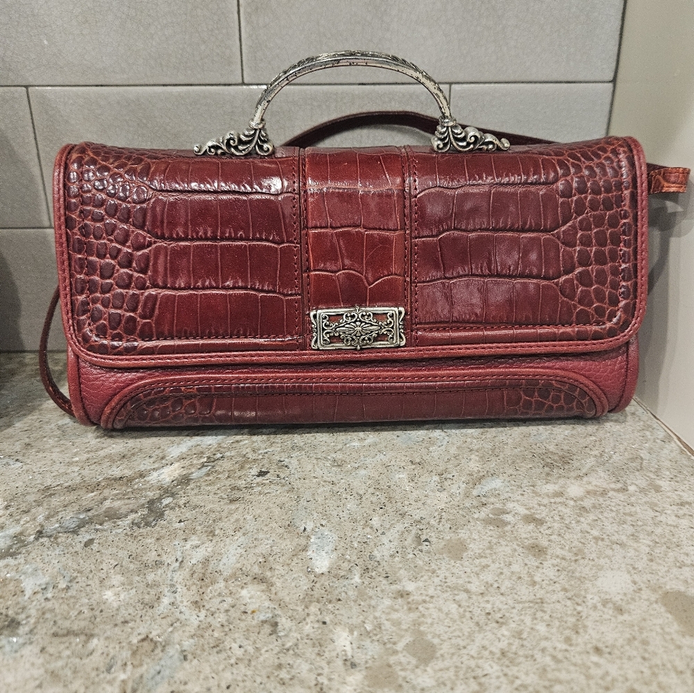 Brighton Red Leather Croc Embossed Crossbody Purse Handbag Snap Closure